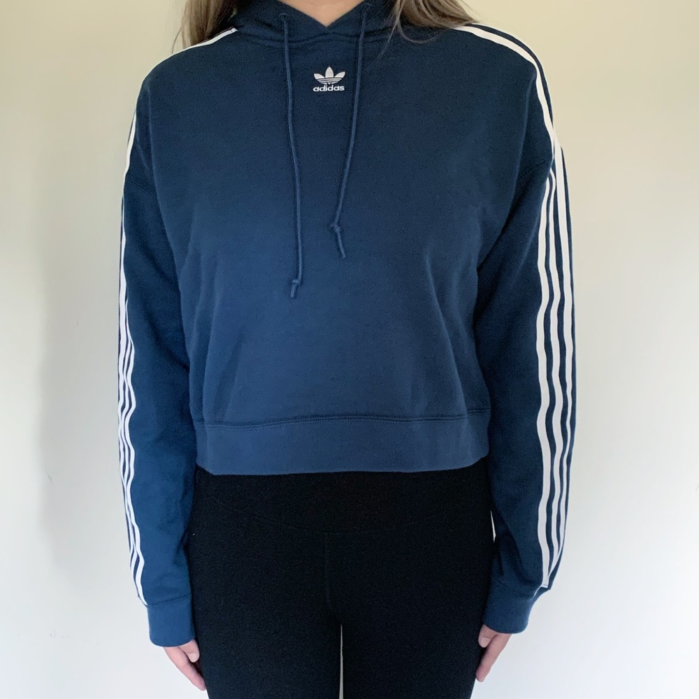 Adidas 3 Stripe Dark Blue Crop Hoodie